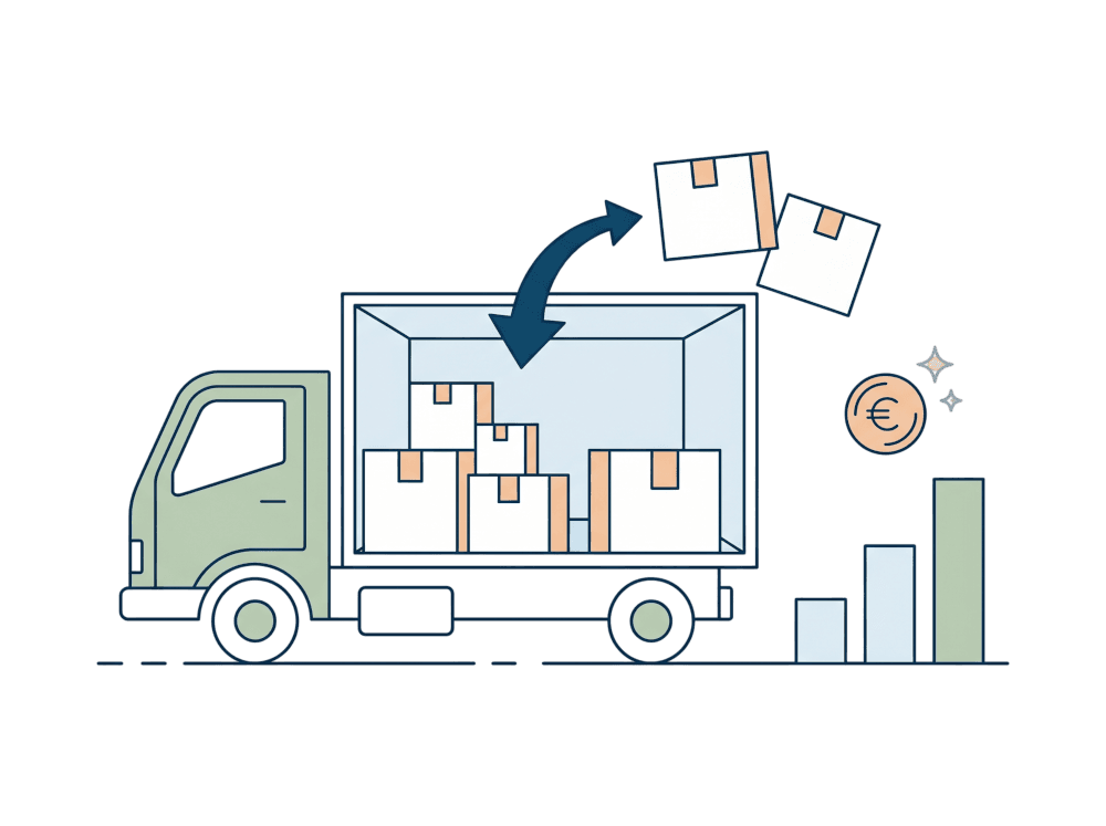 Truck cargo bay being loaded with euro coin nearby