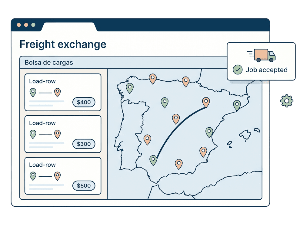 JetSend freight load board with map of Spain and route highlighted
