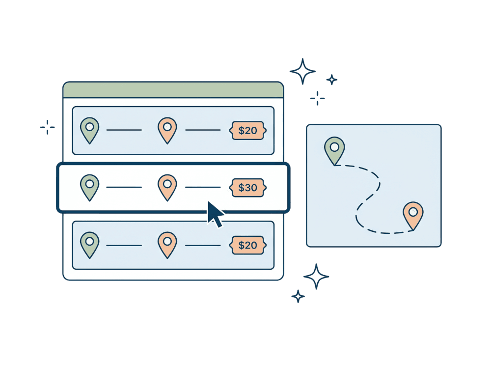 Load board with available jobs and a route on the map