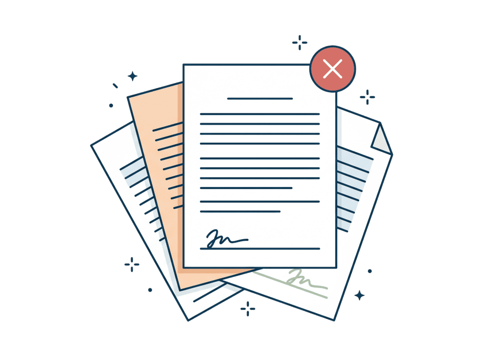 Stack of contract papers with a red cancel mark