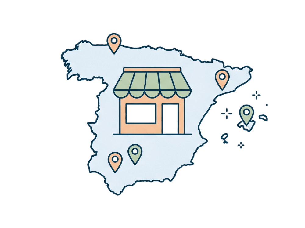 Map of Spain with a corner shop and several drop-off pins