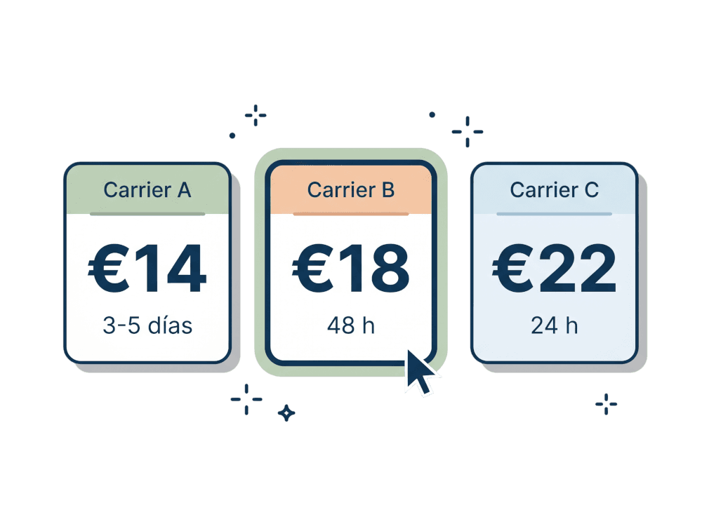 Three carrier price cards side by side with a cursor selecting one